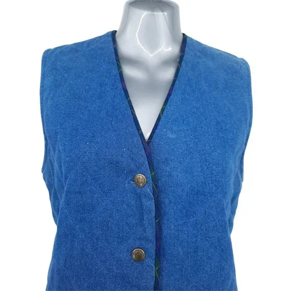 VTG 90s Koret City Blues Quilted Denim Metal Snap Vest Plaid Pants Set Size 8 - Picture 4 of 12